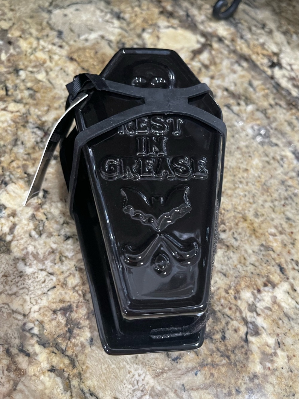 Cobwebs and Cauldrons black coffin covered butter dish REST IN GREASE ….NEW!
